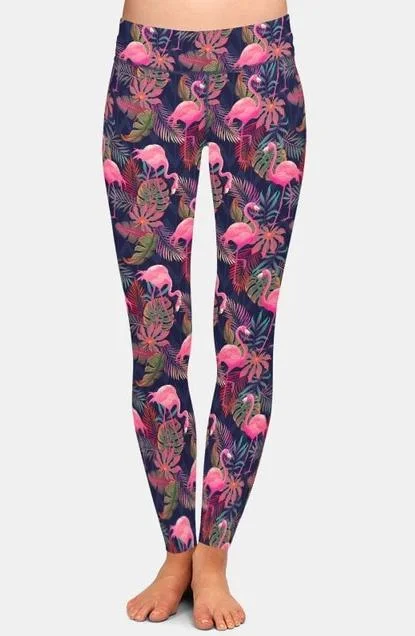Ladies Super Soft Flamingos and Palms Printed Leggings Fashionable High-Rise Workout Leggings Ladies Super Soft Flamingos and Palms Printed Leggings Fashionable High-Rise Workout Leggings