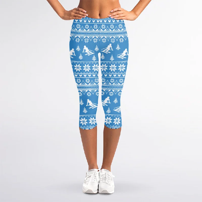 Winter Ski Knitting Pattern Print Women's Capri Leggings Comfortable Capri-Length Leggings Winter Ski Knitting Pattern Print Women's Capri Leggings Comfortable Capri-Length Leggings