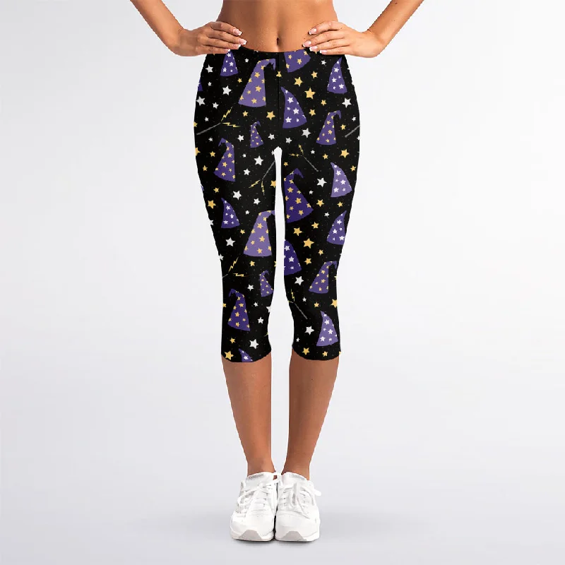 Wizard Hat Pattern Print Women's Capri Leggings Fashionable Embroidered Detail Leggings Wizard Hat Pattern Print Women's Capri Leggings Fashionable Embroidered Detail Leggings