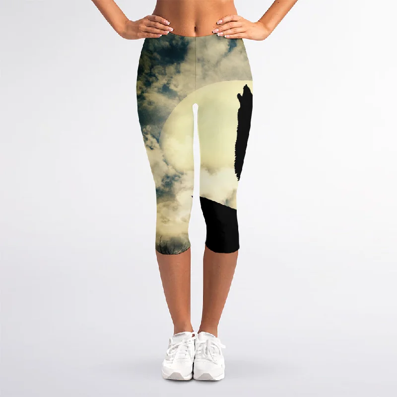 Wolf Howling At The Full Moon Print Women's Capri Leggings Trendy Full-Length Leggings Wolf Howling At The Full Moon Print Women's Capri Leggings Trendy Full-Length Leggings