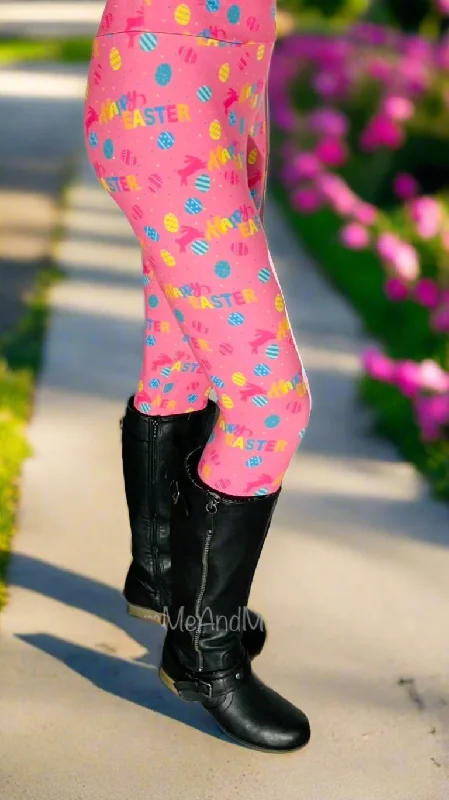 Womens Happy Easter Bunny Leggings, Soft Yoga Pants, Sizes OS/TC, Pink, Yoga Waist, Exclusive Leggings Stylish High-Waisted Leggings