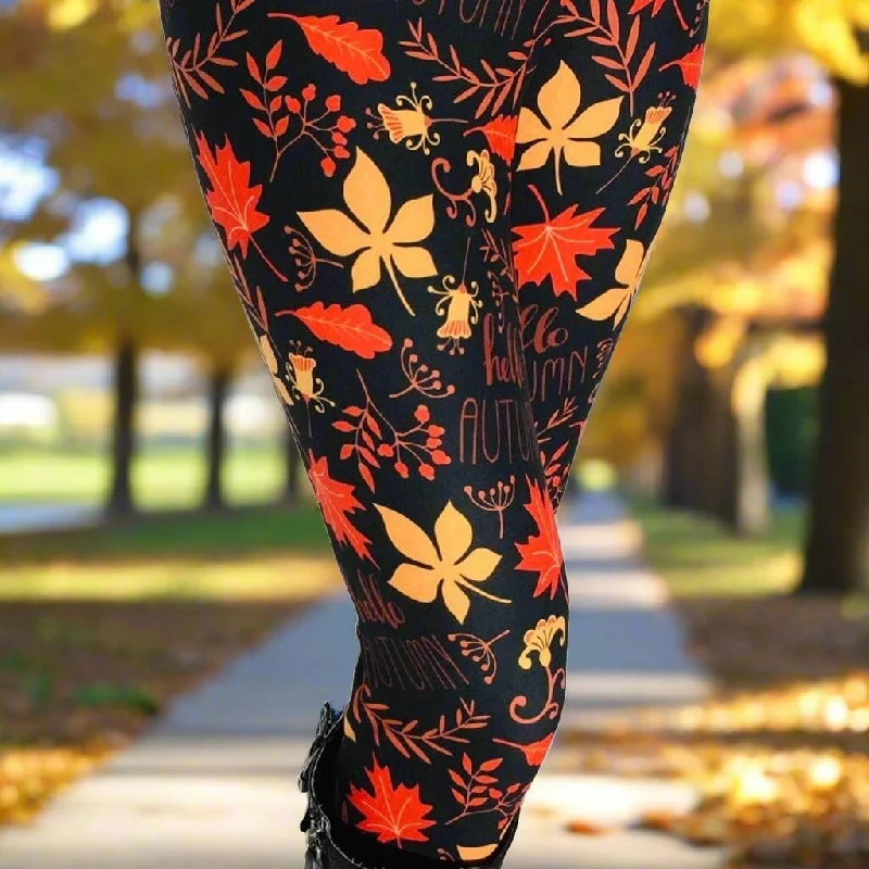 Womens Fall Oak Leaf Leggings, Soft Yoga Pants, Sizes OS/TC Yoga Waist, Black/Orange, Exclusive Leggings Comfortable Cold Weather Leggings Womens Fall Oak Leaf Leggings, Soft Yoga Pants, Sizes OS/TC Yoga Waist, Black/Orange, Exclusive Leggings Comfortable Cold Weather Leggings