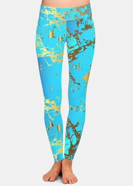 Womens Stunning Blue & Gold Flecks Leggings Cozy Textured Workout Leggings