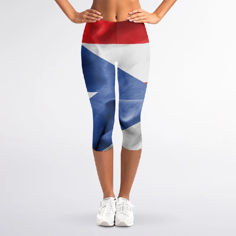 Wrinkled Puerto Rican Flag Print Women's Capri Leggings Cozy Workout Performance Leggings Wrinkled Puerto Rican Flag Print Women's Capri Leggings Cozy Workout Performance Leggings
