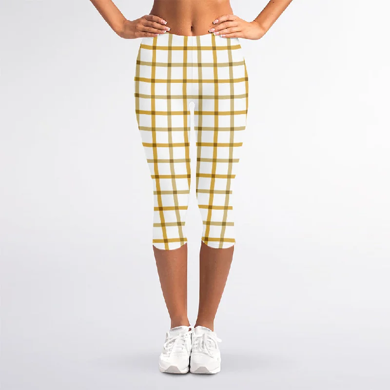 Yellow And Beige Tattersall Print Women's Capri Leggings Cozy Bootcut Leggings