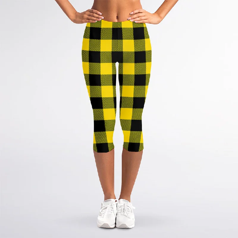 Yellow And Black Buffalo Check Print Women's Capri Leggings Cozy Textured Workout Leggings Yellow And Black Buffalo Check Print Women's Capri Leggings Cozy Textured Workout Leggings