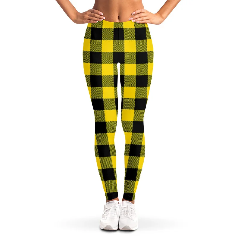 Yellow And Black Buffalo Check Print Women's Leggings Fashionable Minimal Active Leggings Yellow And Black Buffalo Check Print Women's Leggings Fashionable Minimal Active Leggings