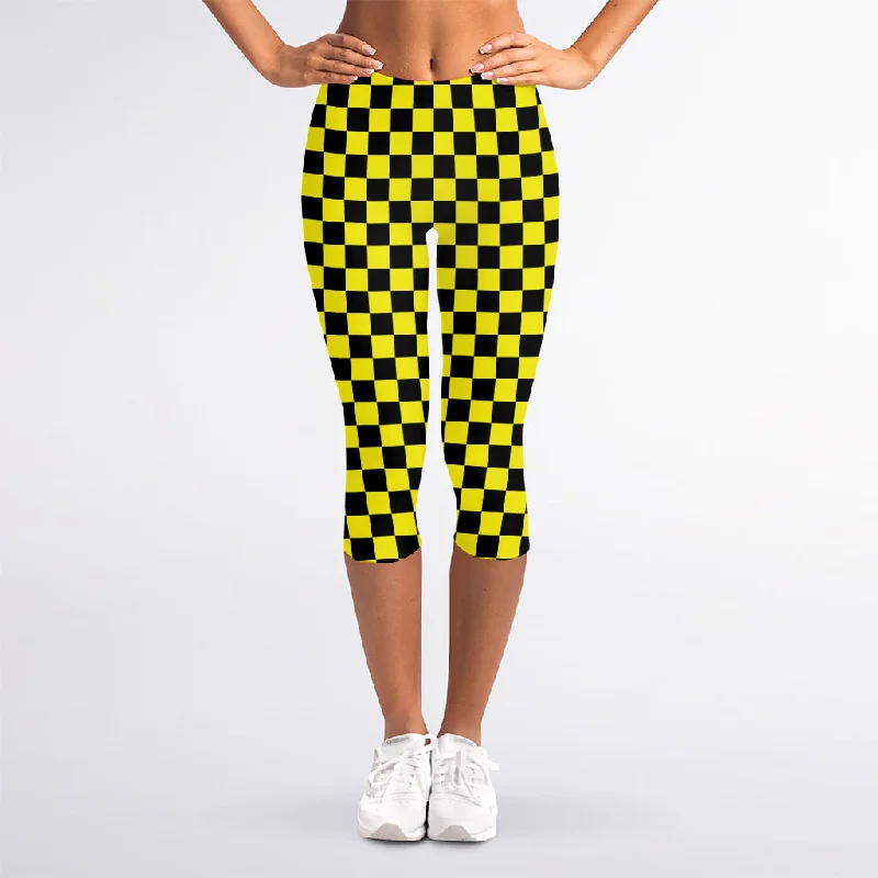 Yellow And Black Checkered Pattern Print Women's Capri Leggings Elegant Sheer Leggings Yellow And Black Checkered Pattern Print Women's Capri Leggings Elegant Sheer Leggings
