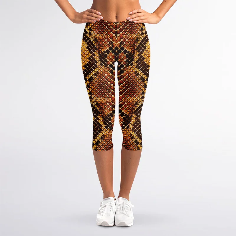 Yellow And Brown Snakeskin Print Women's Capri Leggings Stylish Athletic Wear Leggings Yellow And Brown Snakeskin Print Women's Capri Leggings Stylish Athletic Wear Leggings