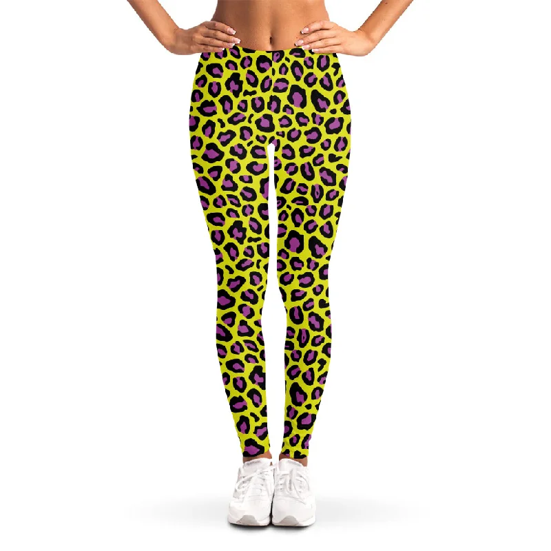 Yellow And Purple Leopard Pattern Print Women's Leggings Stylish High-Waisted Leggings Yellow And Purple Leopard Pattern Print Women's Leggings Stylish High-Waisted Leggings