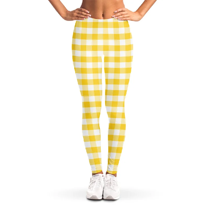 Yellow And White Gingham Pattern Print Women's Leggings Fashionable Solid Color Tights Yellow And White Gingham Pattern Print Women's Leggings Fashionable Solid Color Tights