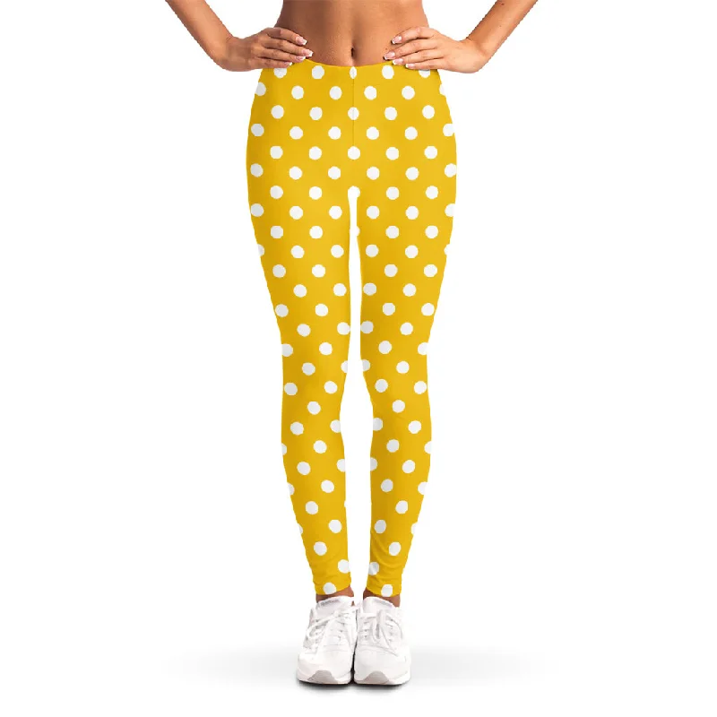 Yellow And White Polka Dot Pattern Print Women's Leggings Stylish Sweat-Proof Leggings Yellow And White Polka Dot Pattern Print Women's Leggings Stylish Sweat-Proof Leggings
