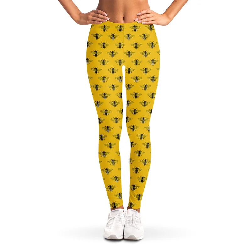 Yellow Bee Pattern Print Women's Leggings Casual Slim-Fit Leggings