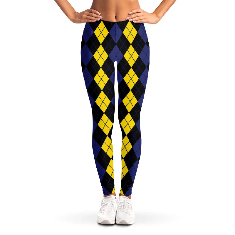 Yellow Black And Blue Argyle Print Women's Leggings Comfortable Fleece-Lined Leggings Yellow Black And Blue Argyle Print Women's Leggings Comfortable Fleece-Lined Leggings