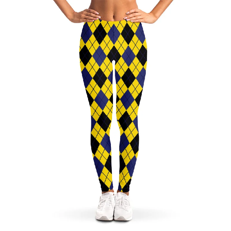 Yellow Blue And Black Argyle Print Women's Leggings Trendy Leather-Look Workout Leggings Yellow Blue And Black Argyle Print Women's Leggings Trendy Leather-Look Workout Leggings