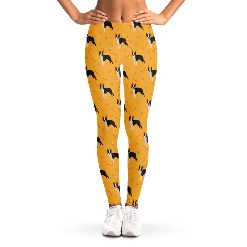 Yellow Boston Terrier Pattern Print Women's Leggings Cozy Sweat-Wicking Leggings