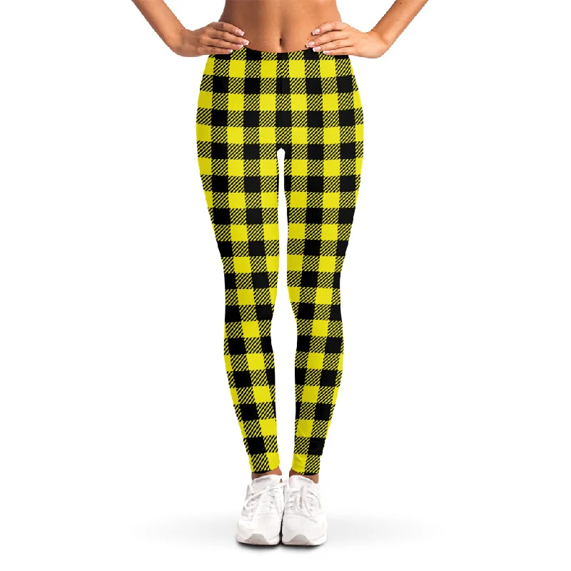 Yellow Buffalo Plaid Print Women's Leggings Fashionable Tummy Control Leggings