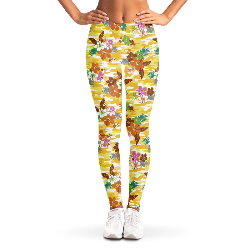Yellow Camo And Hibiscus Flower Print Women's Leggings Comfortable Leggings with Pockets Yellow Camo And Hibiscus Flower Print Women's Leggings Comfortable Leggings with Pockets
