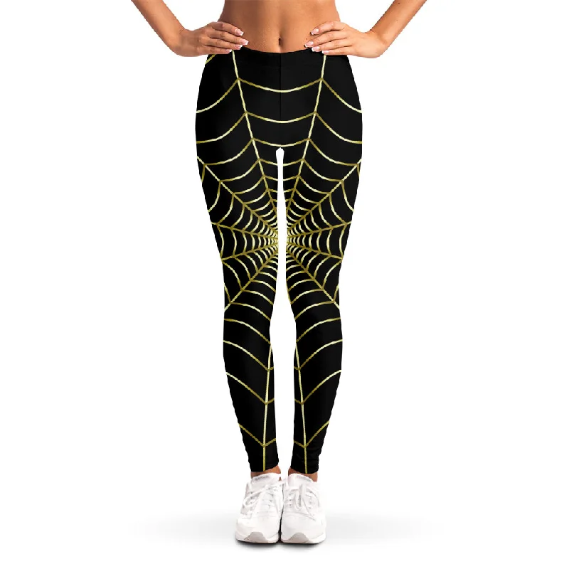 Yellow Cobweb Print Women's Leggings Stylish Athletic Wear Leggings