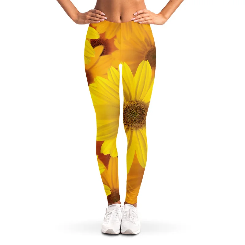 Yellow Daisy Flower Print Women's Leggings Classic Solid Color Leggings