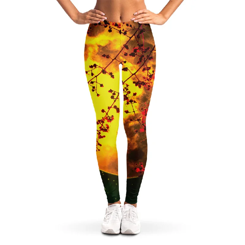 Yellow Full Moon Print Women's Leggings Trendy Sporty Compression Leggings