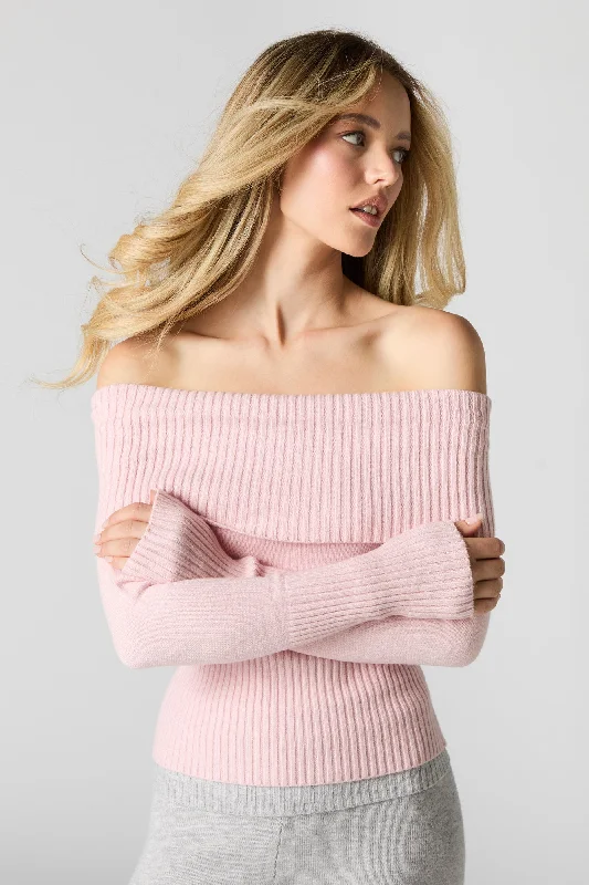 Ribbed Knit Off Shoulder Sweater Striped Floral Plaid