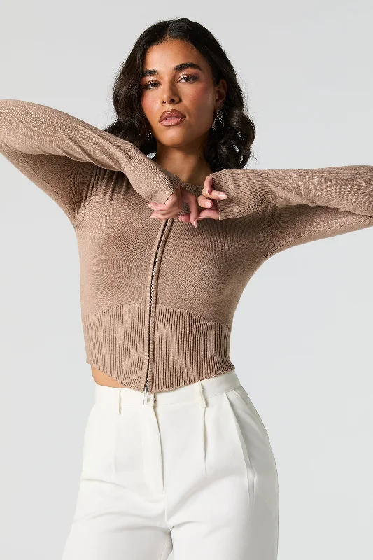 Zip-Up Curved Hem Sweater Graphic Sweater Embroidered Appliqued