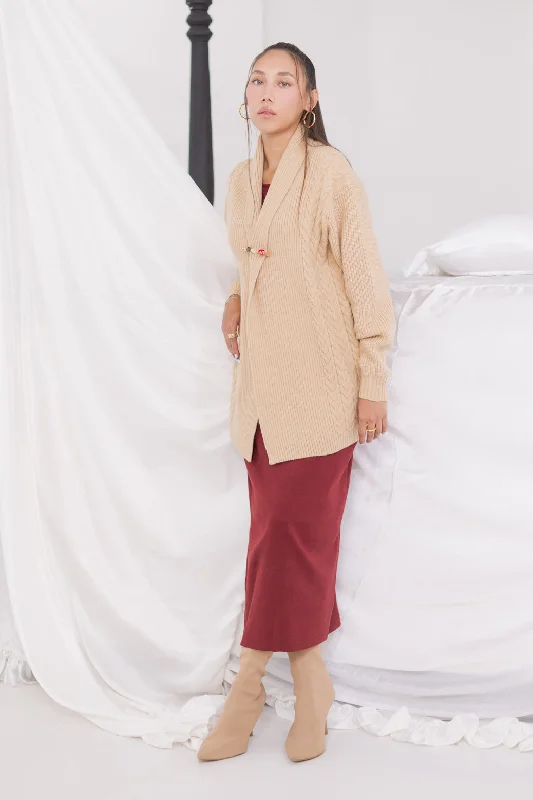 BEIGE-FRONT OPEN FULL SLEEVES CARDIGAN SWEATER (24X-062-66) Cotton Fabric Linen Fabric Terry Fabric