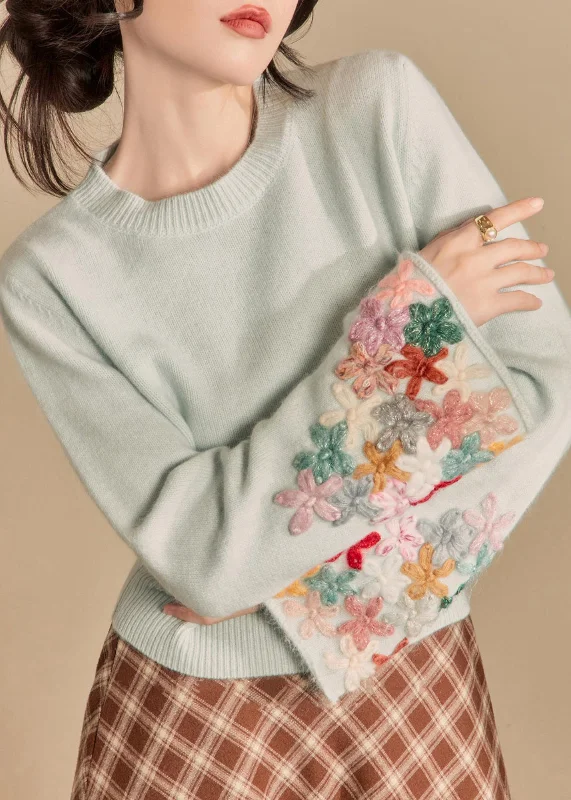 Art Light Blue O Neck Floral Patchwork Knit Sweater Flare Sleeve Herringbone Houndstooth Plaid Art Light Blue O Neck Floral Patchwork Knit Sweater Flare Sleeve Herringbone Houndstooth Plaid