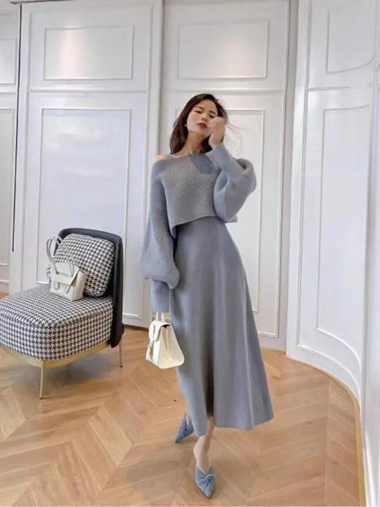 Autumn Winter Vintage Solid Long Sleeve Knitted Sweater Dress Women V Neck Slim Vest Dresses+ Lantern Sleeve Loose Tops Set Terry Terry Cloth Terry Knit