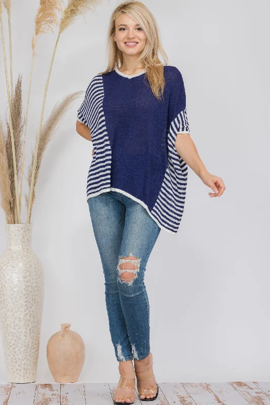 Blue Striped Pullover Poncho Style Sweater Sweater Knitwear Pullover