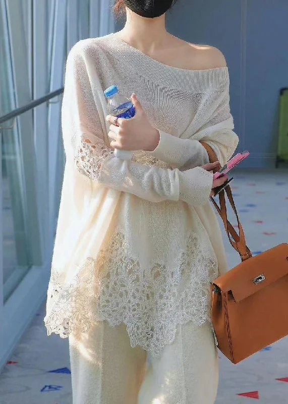 Boutique Beige Cold Shoulder Lace Patchwork Woolen Knit Sweaters Fall Graphic Sweater Embroidered Appliqued Boutique Beige Cold Shoulder Lace Patchwork Woolen Knit Sweaters Fall Graphic Sweater Embroidered Appliqued