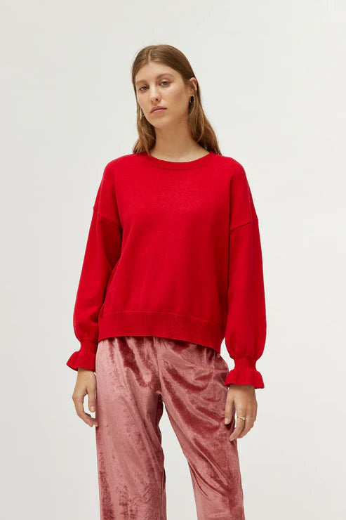 Cuff Detail Sweater - Red Solid Print Embellished