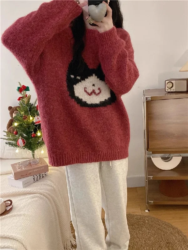 Cartoon cat embroidery soft sweater for women New Year red sweater top    S5058 Velvet Chenille Corduroy