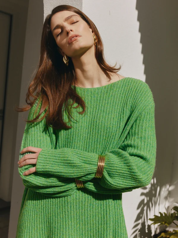 Cashmere Rib Sweater - Green Melange Machine Wash Dry Clean Hand Wash