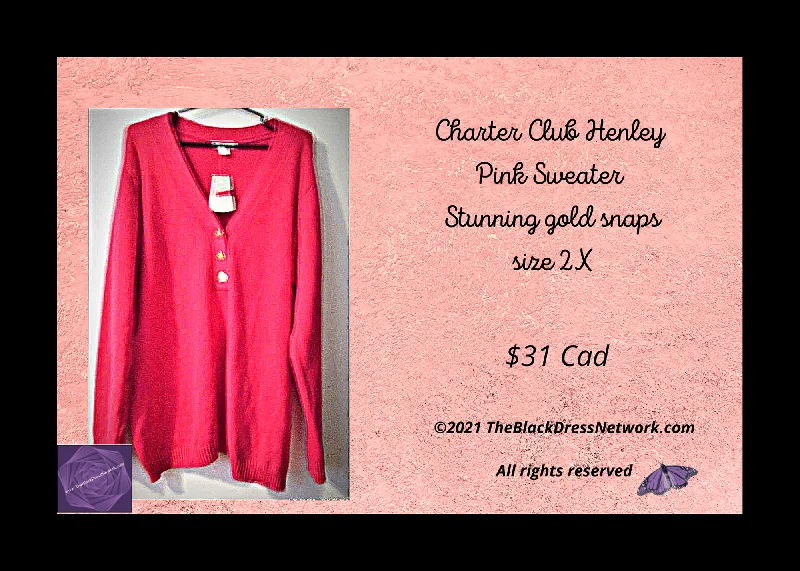 Charter Club Plus 2X New Pink Henley Sweater Stunning Gold Snaps Cotton Stylish Real Fur Shearling Chenille