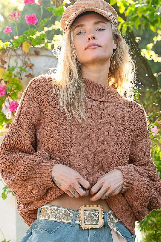 Chunky Cable Knit Mock Neck Sweater by POL - Burnt Topaz Lace Blend Ribbed Blend Corduroy Blend