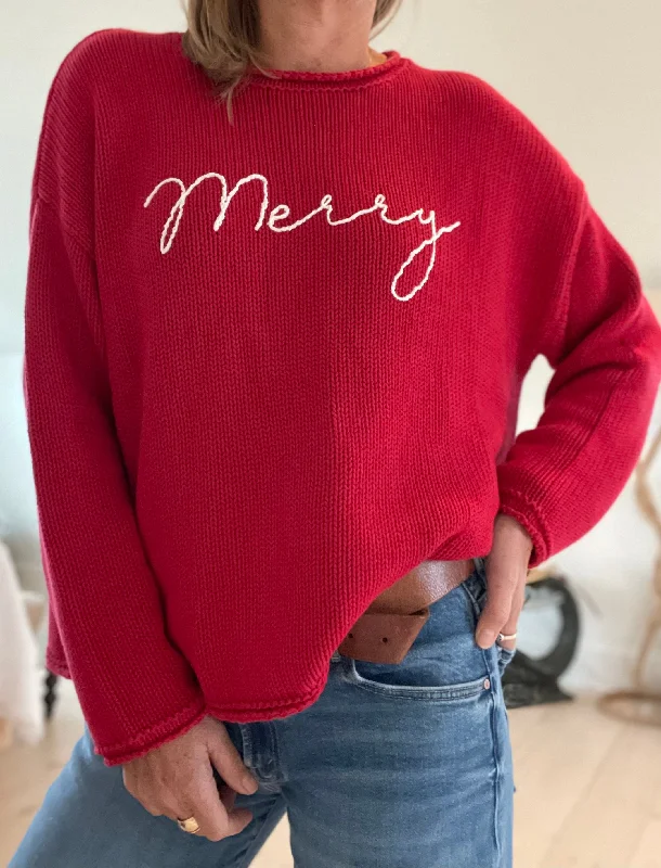 Chunky Embroidered Merry Sweater - Red Toggled Drawstring Belted