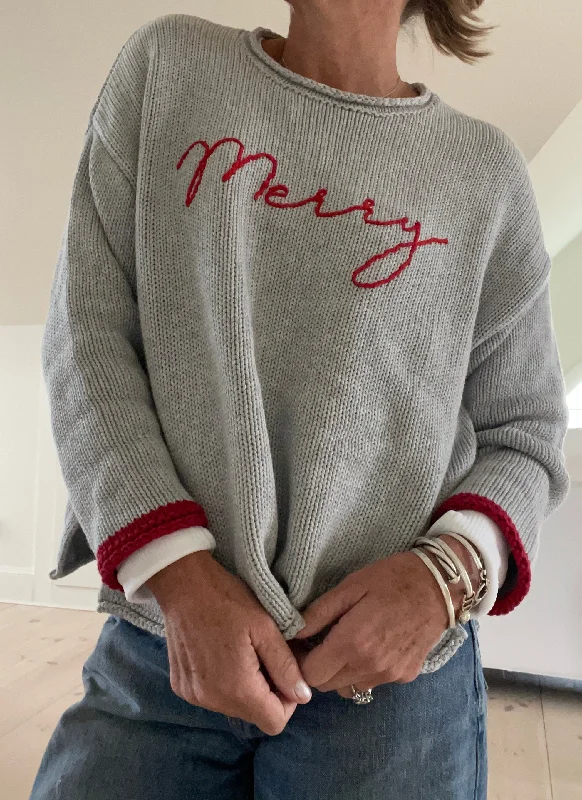 Chunky Embroidered Merry Sweater - Gray Mesh Blend Leather Blend Suede Blend