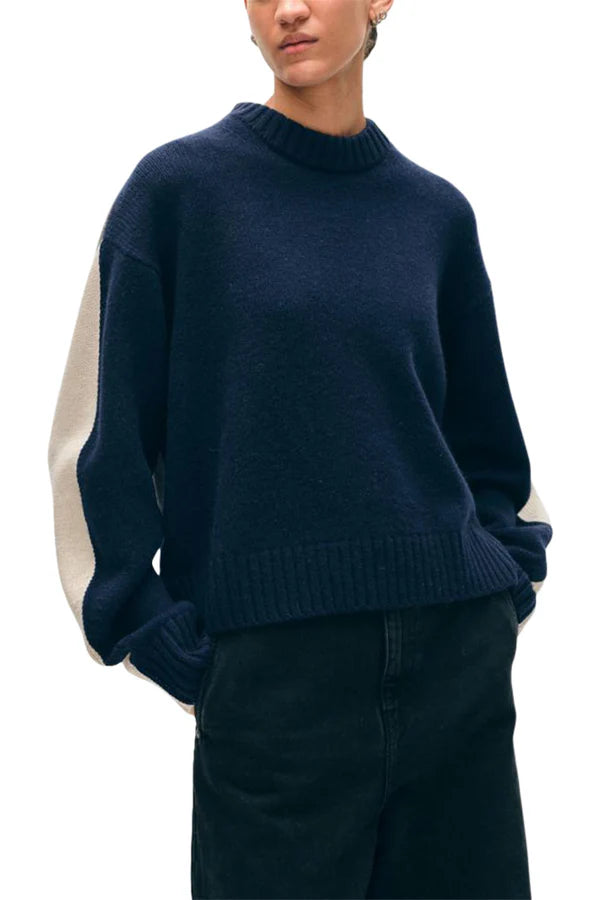 Colorblock Sweater in Navy Grey Combo Zippered Buttoned Snapped