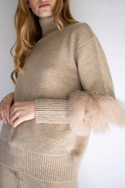 Belgravia Cashmere Sweater With Fur Detail - Beige Anti-Pilling Anti-Shrink Durable