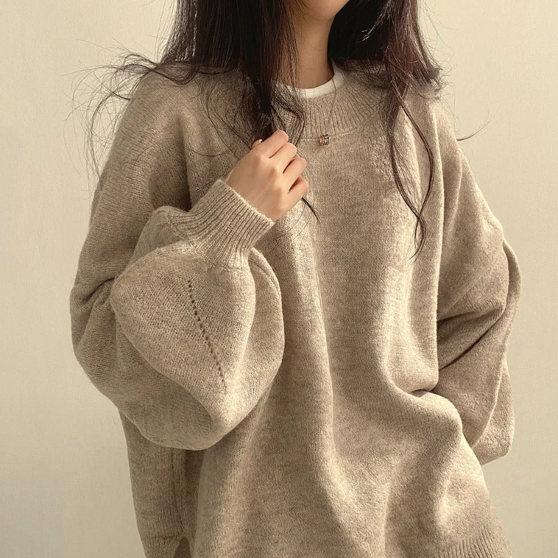 Crewneck Pullover Lantern Sleeve Loose Sweater Woman Open Front Closed Front Wrap Front