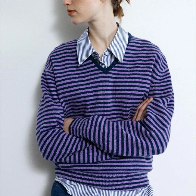 Drop-shoulder Sleeve Thin Woolen Sweater Ultra-fine Mernu Wool V-neck Striped Knitted Top Elasticated Padded Insulated