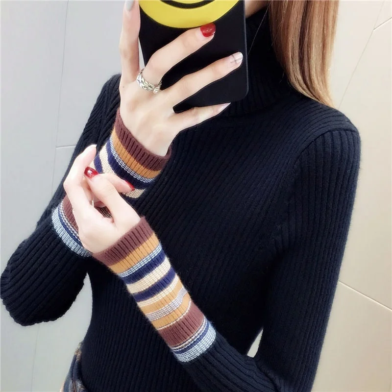 Elastic Sweaters Long-Sleeve Female Pullovers Turtleneck Winter Autumn Women Clothes Jumper  Streetwear Knitted Tops Black Red S Casual Formal Business