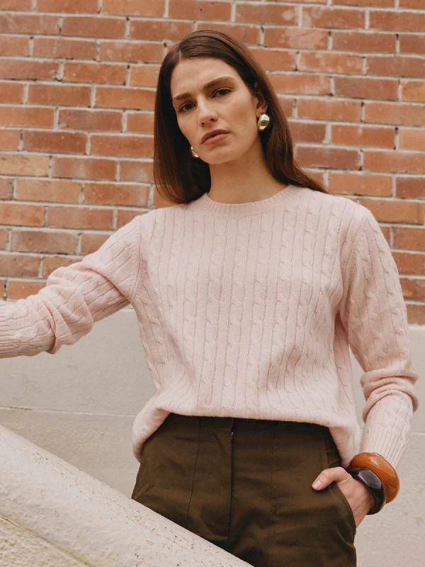 Essential Cashmere Cable Crew Sweater - Pale Pink Velvet Chenille Corduroy