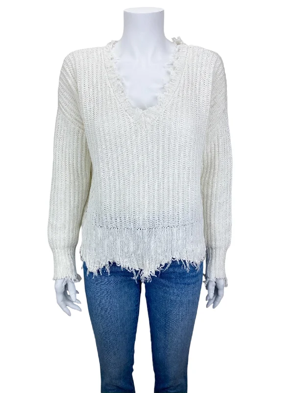 Evereve Roan + Ryan Women's Distressed V-neck Sweater Ivory Size S Jersey Fabric Tulle Fabric Batik Fabric Evereve Roan + Ryan Women's Distressed V-neck Sweater Ivory Size S Jersey Fabric Tulle Fabric Batik Fabric