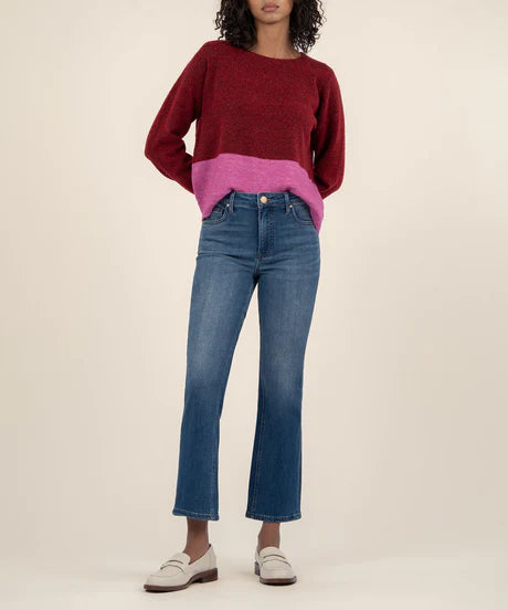 Everlee Scoop Neck Color Block Sweater (Red & Pink) Embroidered Appliqued Beaded