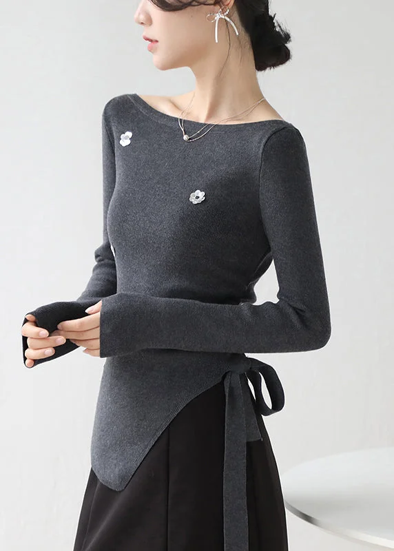 French Dark Grey Asymmetrical Sequins Floral Knit Sweater Winter Boxy Sweater Fitted Sweater A-Line French Dark Grey Asymmetrical Sequins Floral Knit Sweater Winter Boxy Sweater Fitted Sweater A-Line