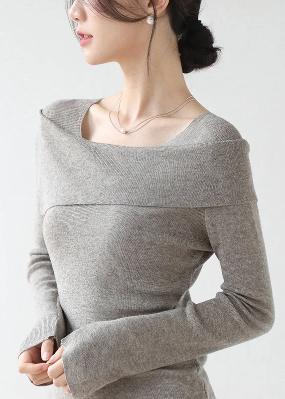 French Grey Slash Neck Patchwork Slim Fit Knit Sweaters Winter Satin Blend Silk Blend Wool Blend French Grey Slash Neck Patchwork Slim Fit Knit Sweaters Winter Satin Blend Silk Blend Wool Blend