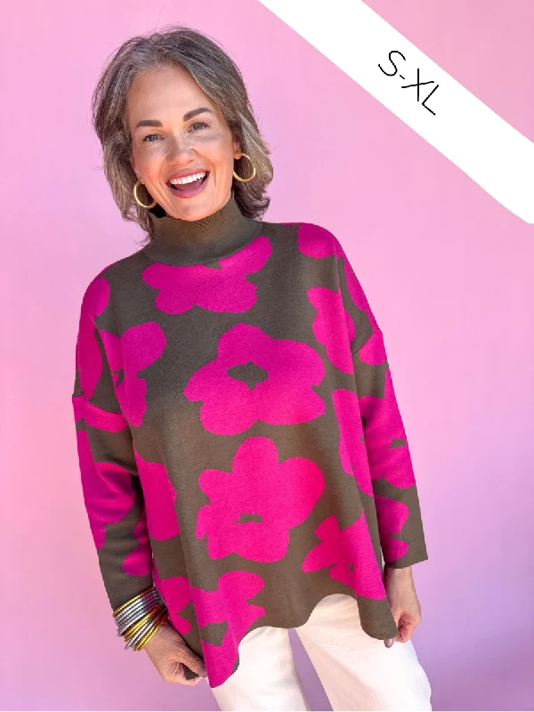 Funky Florals Sweater - Olive Zippered Front Buttoned Front Snap Front